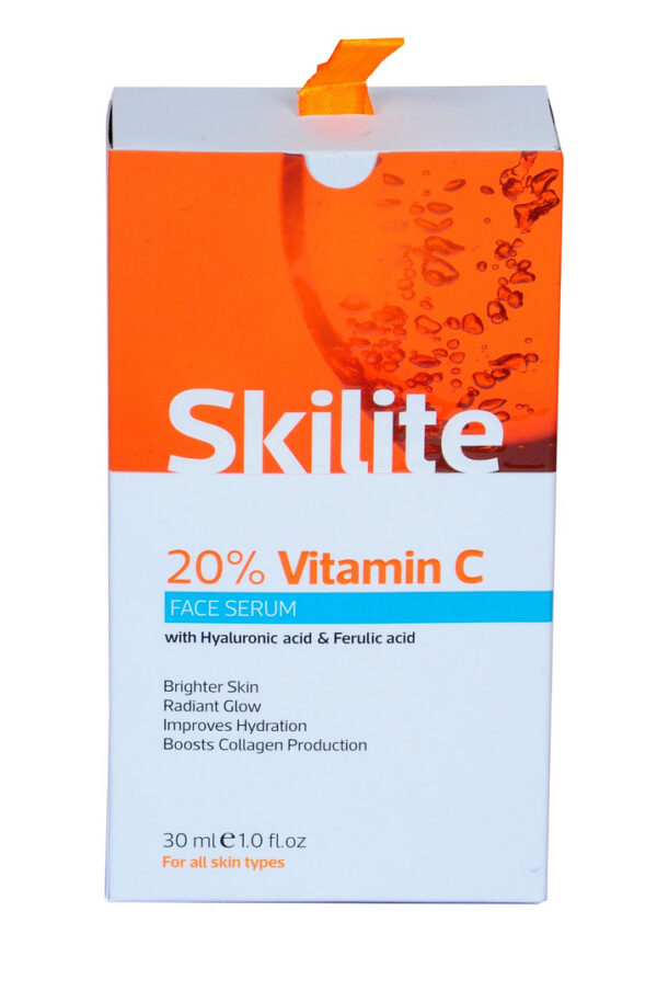 Skilite 20% Vitamin C Serum with Vegan Hyaluronic Acid and Ferulic Acid (30 ml) fades Dark Spots, Even Skin Tone, Eye Area, Fine Lines & Wrinkles